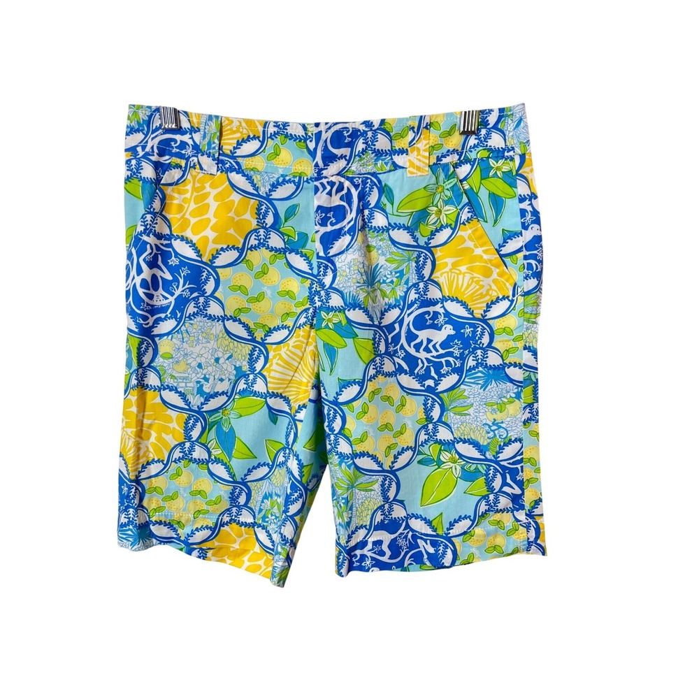 Lilly Pulitzer Callahan Shorts Women 2 Blue Yellow Lemon Monkey Tropical Chino